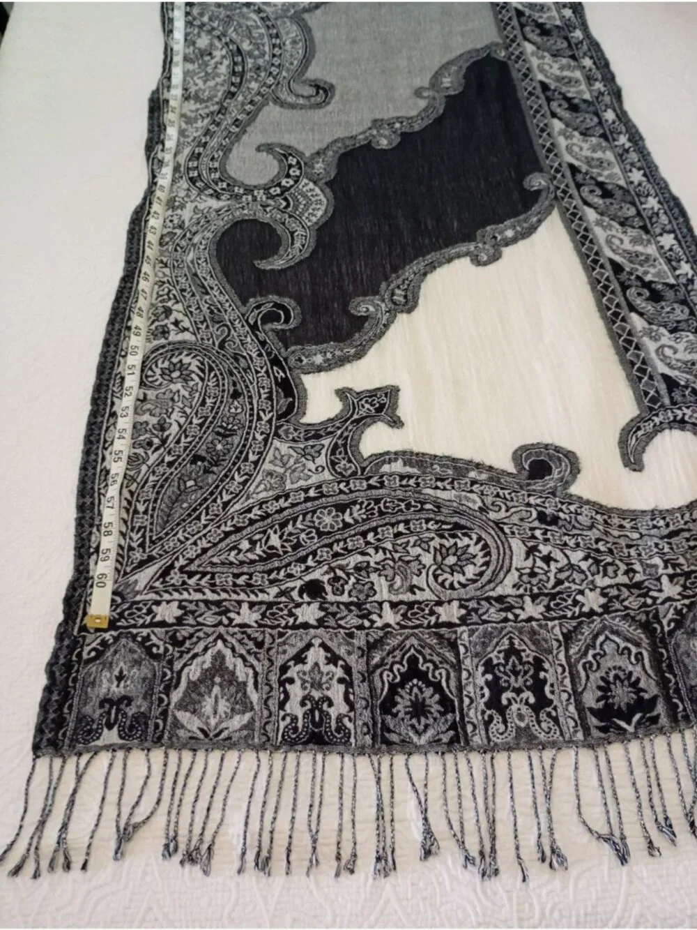 Lucky Wrap Scarf Paisley Fringe Wool Blend Black & Gray